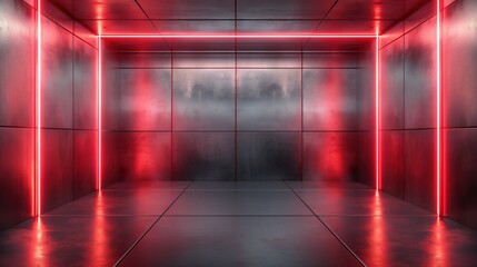 Poster - Grey metal room illuminated by red neon lights. Modern interior space with steel walls and blank floor. Urban loft background for product presentation or montage.