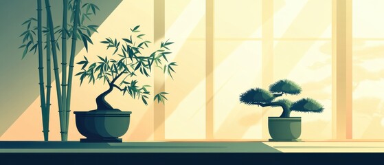 A painting of a room with two potted plants, one of which is a bonsai