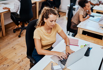 Leinwandbilder - Laptop, business woman and typing for research, information or review feedback at coworking startup. Computer, creative journalist or writing blog, news or update for social media platform or website