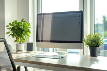 Aufkleber - Modern minimalist office desk with computer, monitor, keyboard, mouse. Empty notebook, book on table. Comfortable, stylish workspace for learning, working. Modern technology, digital devices.