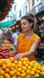 © Exnoi - A woman shopping for fresh produce at a vibrant outdoor market, interacting with vendors and selecting colorful fruits and vegetables, reflecting a midday activity in a diverse community