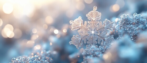 A close-up of a delicate snowflake resting on glistening ice, capturing the beauty and intricacy of winter's unique crystal formations.