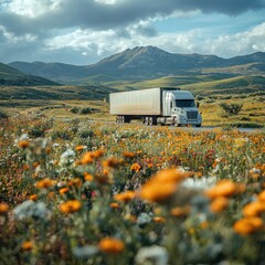 Truck resting at a highway rest area, tranquil scenery with surrounding nature.  