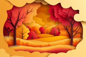 autumn countryside landscape with yellow and red trees in a d paper cut style, vector illustration, with a place for text and a border frame, reminiscent of a thanksgiving sale promo card