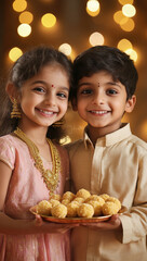 Wall Mural - A young Indian boy and girl wearing traditional , holding a plate of laddu sweets in their hands