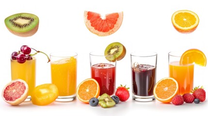 Poster - A vibrant display of colorful fruit juices in clear glasses. Each juice is fresh and looks delicious. The fruits complement the drinks beautifully. Perfect for healthy living. AI