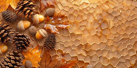 Sticker - Abstract background with pinecones, acorns, and autumn leaves and textured background in golden-orange tones with honeycomb pattern.