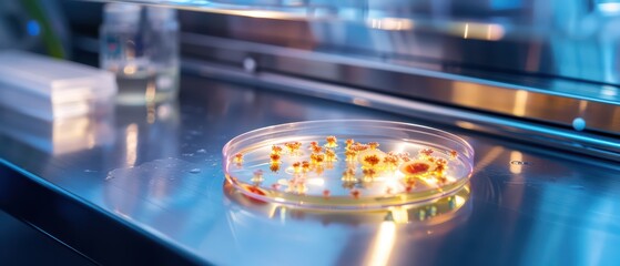 A petri dish with colorful cultures showcased under sterile laboratory conditions, highlighting scientific research and experimentation.