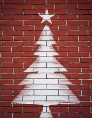 Wall Mural - Christmas tree drawing over brick wall