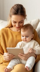 Poster - A young mother holding her baby while using a tablet for a virtual pediatric consultation, with a soft and nurturing home setting