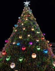 Wall Mural -  Illuminated Christmas tree with star on top with colorful baubles reflecting in the dark