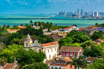 City of Recife and its buildings and sea seen from the city of Olinda with its historic houses and churches in the state of Pernambuco