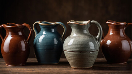 Four ceramic jugs placed on a rustic wooden surface with a dark background, showcasing their artistry.