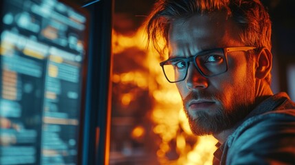 Poster - A man with glasses is staring at a computer screen