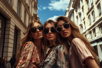 Three models wearing sunglasses and fashionable pose for the camera on a London street, surrounded by high-end luxury stores.