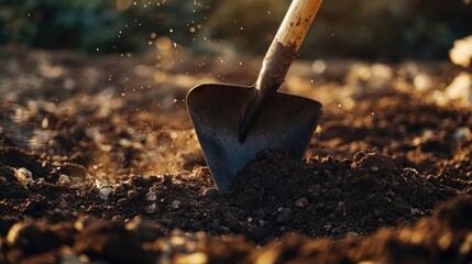 Wall Mural - Digging with Shovel in Soil, Capturing the Essence of Physical Work in Construction