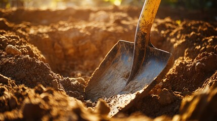 Wall Mural - Digging with Shovel in Soil, Capturing the Essence of Physical Work in Construction