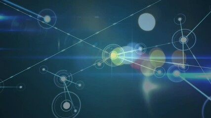 Poster - network of connections and data processing animation over blurred lights background
