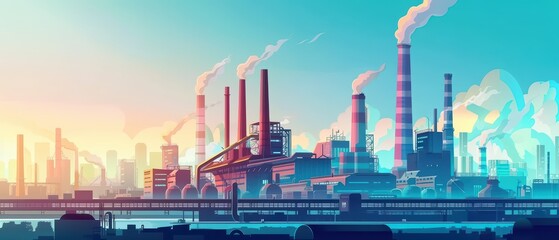 A vibrant industrial skyline at sunset, showcasing factories and smokestacks under a colorful sky.