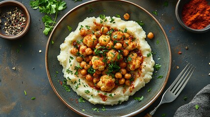 Top view of delicious roasted cauliflower with mashed potatoes and spiced harissa chickpeas served on ceramic plate