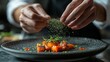 © pamungkas - Hands, food or sprinkle on dish for fine dining, culinary school or luxury restaurant