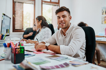 Poster - Portrait, creative and businessman in office with planning for art project with color swatch layout. Career, writing notes and happy male graphic designer working with examples for startup company.