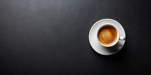 Minimalist flat lay of cup of coffee on black background with copy space, perfect for modern lifestyle concepts