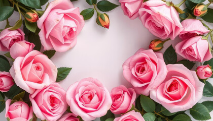 Wall Mural - Beautiful pink roses on white background, arranged in a circular pattern.