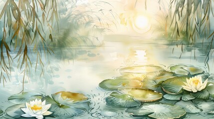 Serene pond scene featuring floating lilies, soft light, and gentle reflections, perfect for calming and tranquil imagery.