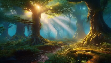 Wall Mural - A fairytale forest with magical rays of light piercing the trees. Fantasy forest landscape. Unreal world. 3D render. Raster illustration.