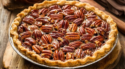 A freshly baked pecan pie with a flaky crust.