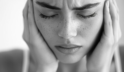 A woman with her hands on her head, looking very sad. Concept of distress and discomfort