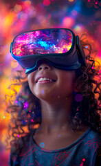 Wall Mural - A girl wearing a virtual reality headset is smiling. The image is colorful and vibrant, with a sense of excitement and wonder