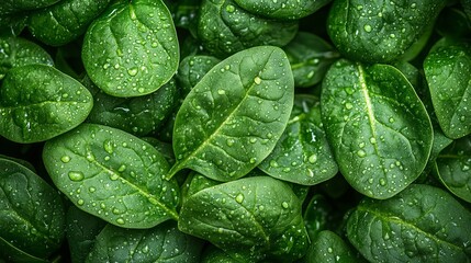 Background from fresh green spinach leaves with water drops. Texture of raw organic baby spinach close up