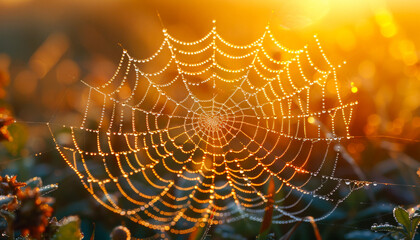 A spider web is shown in a field with a bright orange sun in the background. The web is very intricate and has a lot of detail, making it look like a work of art