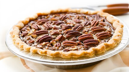 A delicious pecan pie with a flaky crust, perfect for a holiday dessert.