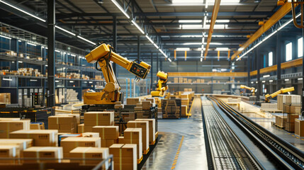 Automated warehouse environment with robotic arms managing packages during daytime operations in a logistics facility