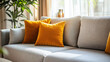 © Trendistudio - A close-up photo of a comfortable sofa and various cushions in a living room with modern minimalist interior design. Generative AI
