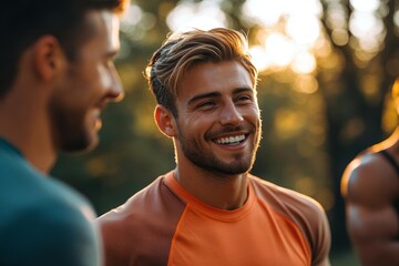 Sport, fitness, healthy lifestyle and people concept. Happy fit friends men talking after workout, Generative AI