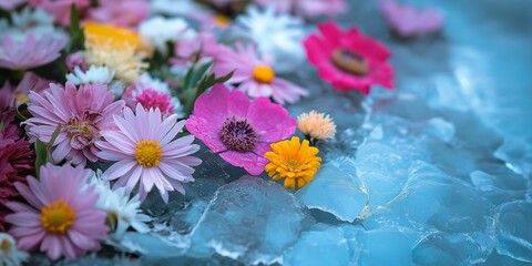 A beautiful bouquet of flowers is floating on top of a blue body of water. The flowers are of various colors, including pink, yellow, and orange. Concept of tranquility and natural beauty