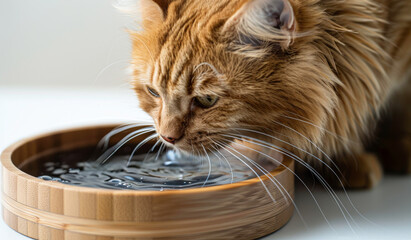 Wall Mural - A cat is drinking water from a bowl. The bowl is wooden and has a brown rim. The cat is looking at the water with its eyes