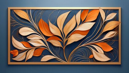 Wall Mural - An abstract wall art panel set with orange and gold leaves on a blue background