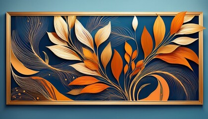 Wall Mural - An abstract wall art panel set with orange and gold leaves on a blue background