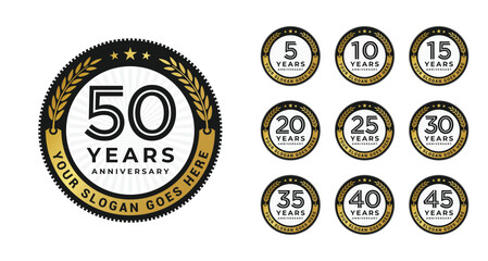 set of 5 to 50 anniversary logo golden circle emblem vector design illustration collection isolated