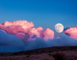 Wall Mural - An early morning moon with pink clouds and a blue sky.