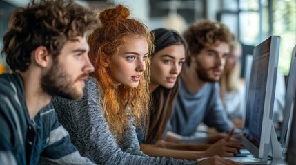 Poster - A group of people are sitting in front of a computer monitor