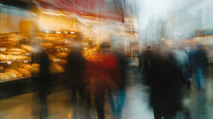 Wall Mural - blurred urban scene captures bustling city life with golden bakery display and hurried pedestrians, 