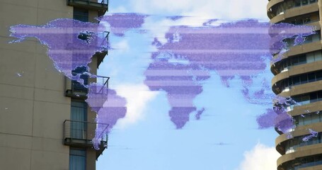 Poster - World map glitch animation over high-rise buildings and blue sky