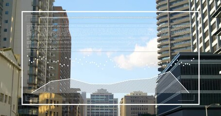 Poster - Data analysis animation over cityscape with tall buildings and blue sky