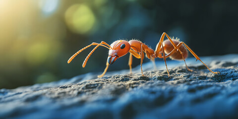 Isolated brown ant on white background, macro close-up of hairy insect crawling on leaf